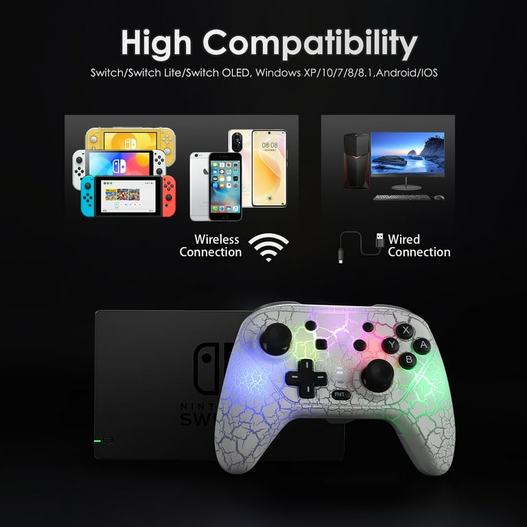 Htq Wireless Switch Pro Controller for Nintendo Switch/Switch Lite/Switch OLED, Switch Remote Gamepad with Unique Crack RGB Lights Turbo Dual