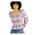 thumbnail image 3 of Tommy Hilfiger Women's Cotton Plaid Smocked Top Orange Size Medium, 3 of 4