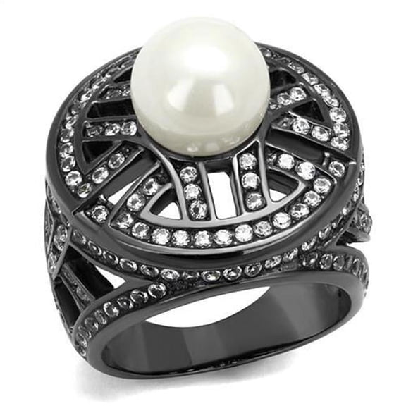 Alamode TK2771-6 Women IP Light Black Stainless Steel Ring with Synthetic in White - Size 6