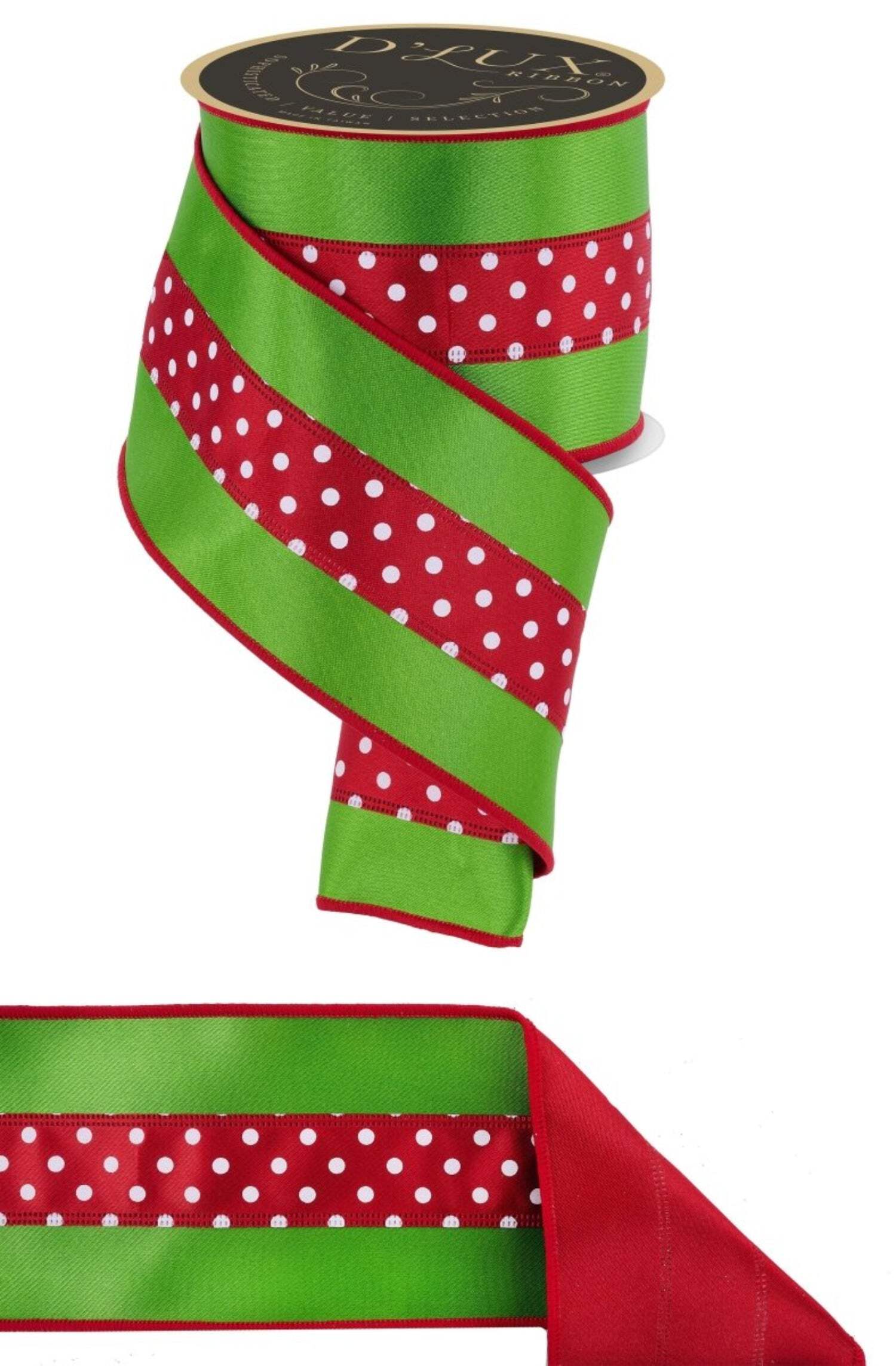 4in Polka Dot Satin Fused Ribbon: Red/Green (10 Yards)