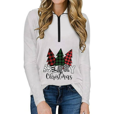 Hoodies for women long sleeve shirts for women Fashion Casual Long Sleeve Christmas Print Lapel Zipper Sweatshirt Top Fragarn