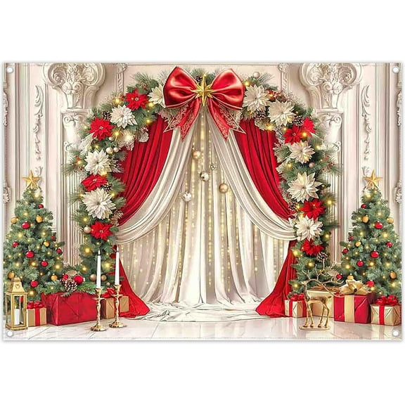 7x5FT Christmas Curtain Backdrop Glitter Arch Door Xmas Pine Tree Candle Red Bow Photography Background Family Holiday Party Decorations Banner Supplies Photo Booth Props