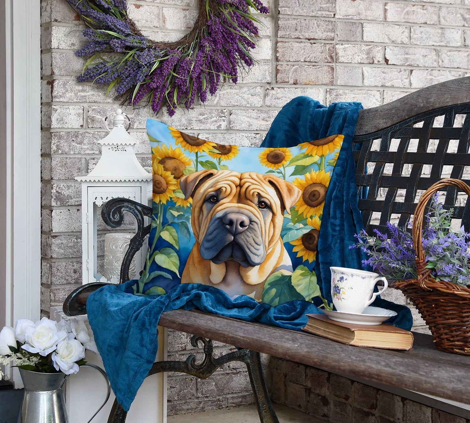 Shar Pei in Sunflowers Throw Pillow 18 in x 18 in
