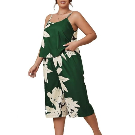 

Green Casual Floral Print Spaghetti Strap Pant Sets Sleeveless Plus Size Pajama Sets (Women s Plus)