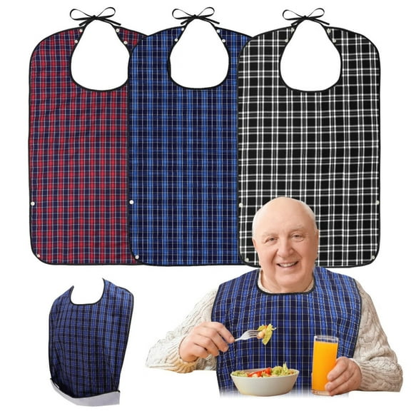 Adult Bibs,3 Pcs Washable Clothing Protector with Crumb Catcher for Eating,Reusable Waterproof Large Feeding Adult Bibs for Men Women Elderly Senior,Black/Red/Blue