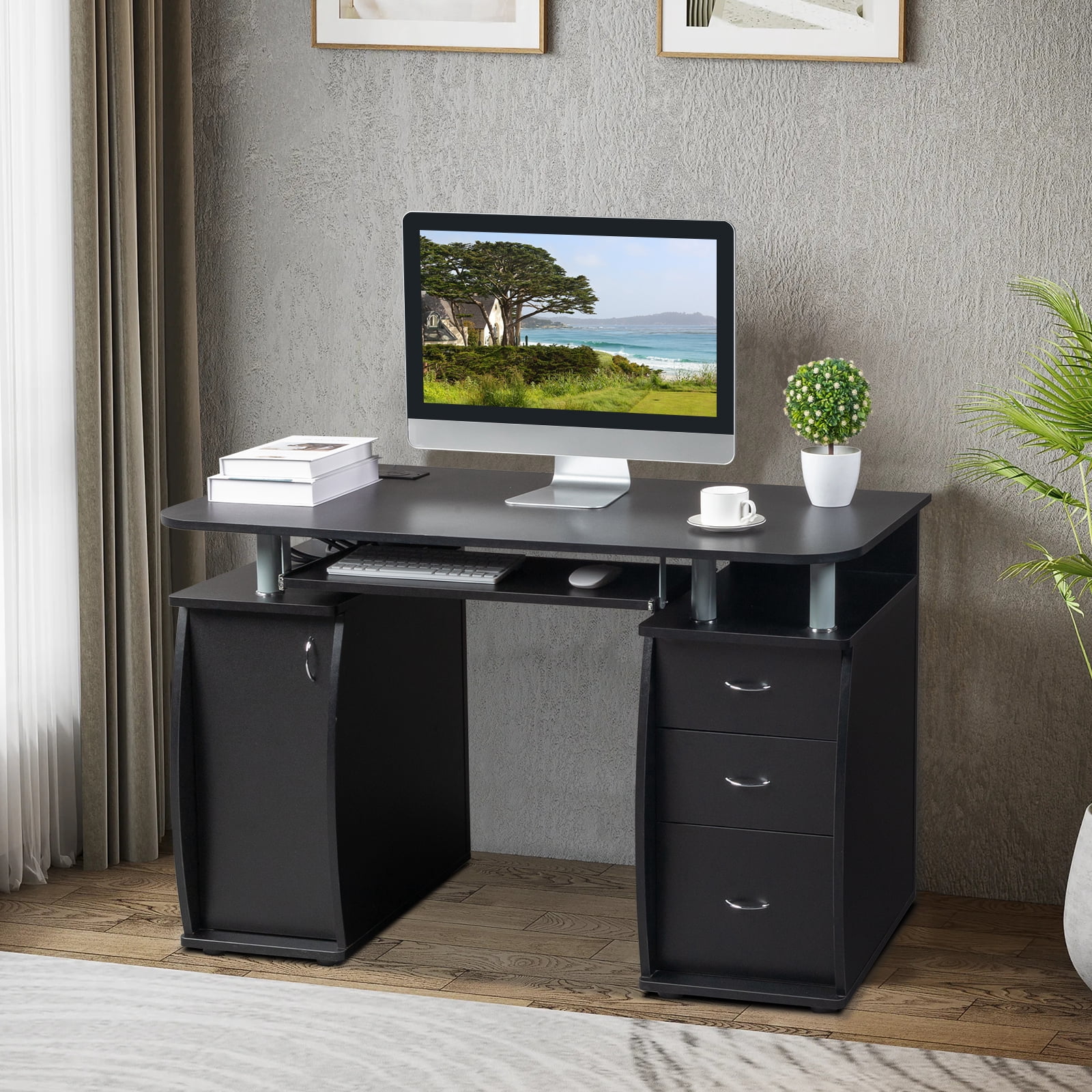 Ktaxon 3 Drawers Computer Desk with Wireless USB Charging Station, Study Workstation Office Furniture