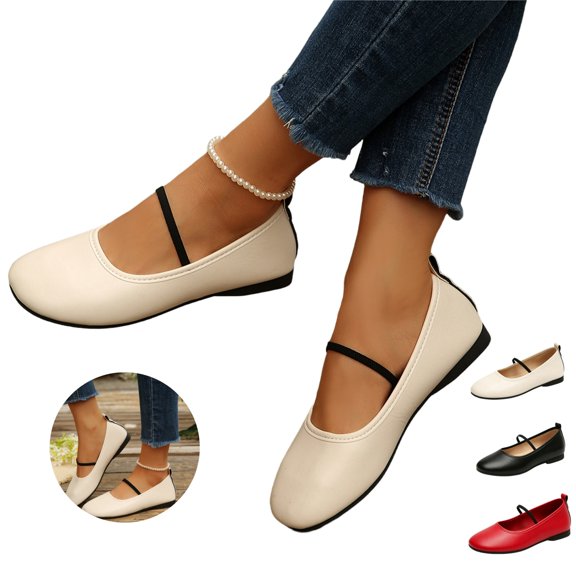 Mfakffe Womens Mary Jane Flat Shoes Round Toe Strap Slip On Casual Ballet Flats Versatile Lightweight Daily Non Slip Walking Shoes
