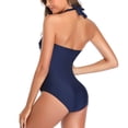 thumbnail image 4 of Smismivo-bañador con Control de barriga para mujer, traje de baño Retro Vintage adelgazante de una pieza con cuello Halter, traje de baño fruncido con efecto Push Up, azul marino, 4 of 5
