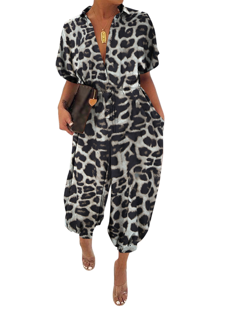 Celmia - Celmia Women Short Sleeve Leopard Print Overalls Button Loose ...