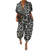 Celmia Women Short Sleeve Leopard Print Button Loose Jumpsuit Rompers