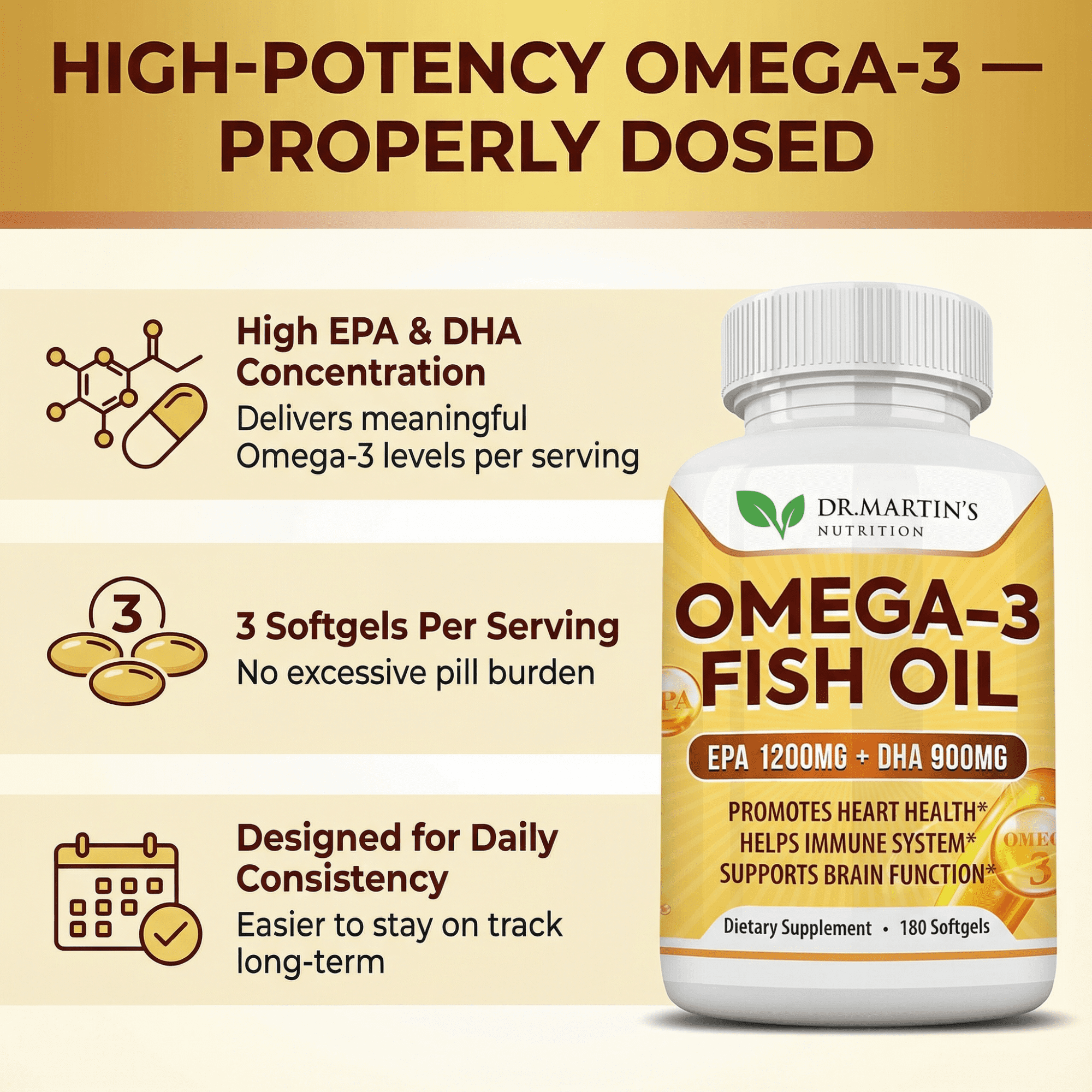 Omega 3 Fish Oil 3750mg Triple Strength | EPA 1200mg + DHA 900mg Fatty Acids | Fish Oil Omega 3 Supplement | Promotes Healthy Heart, Immune System, Eyes, Skin & Brain Function | 180 Burpless Softgels