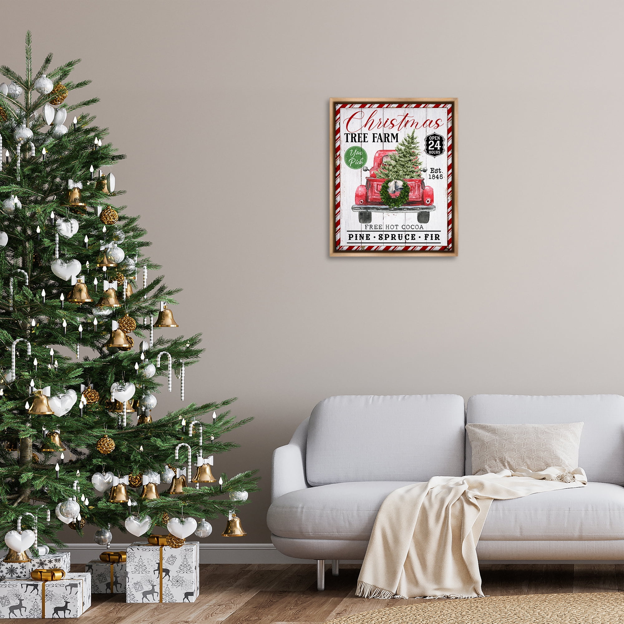 Stupell Industries Holiday Tree Farm Sign Holiday Painting Brown Floater Framed Canvas Art Prints Wall Art, 25 x 31