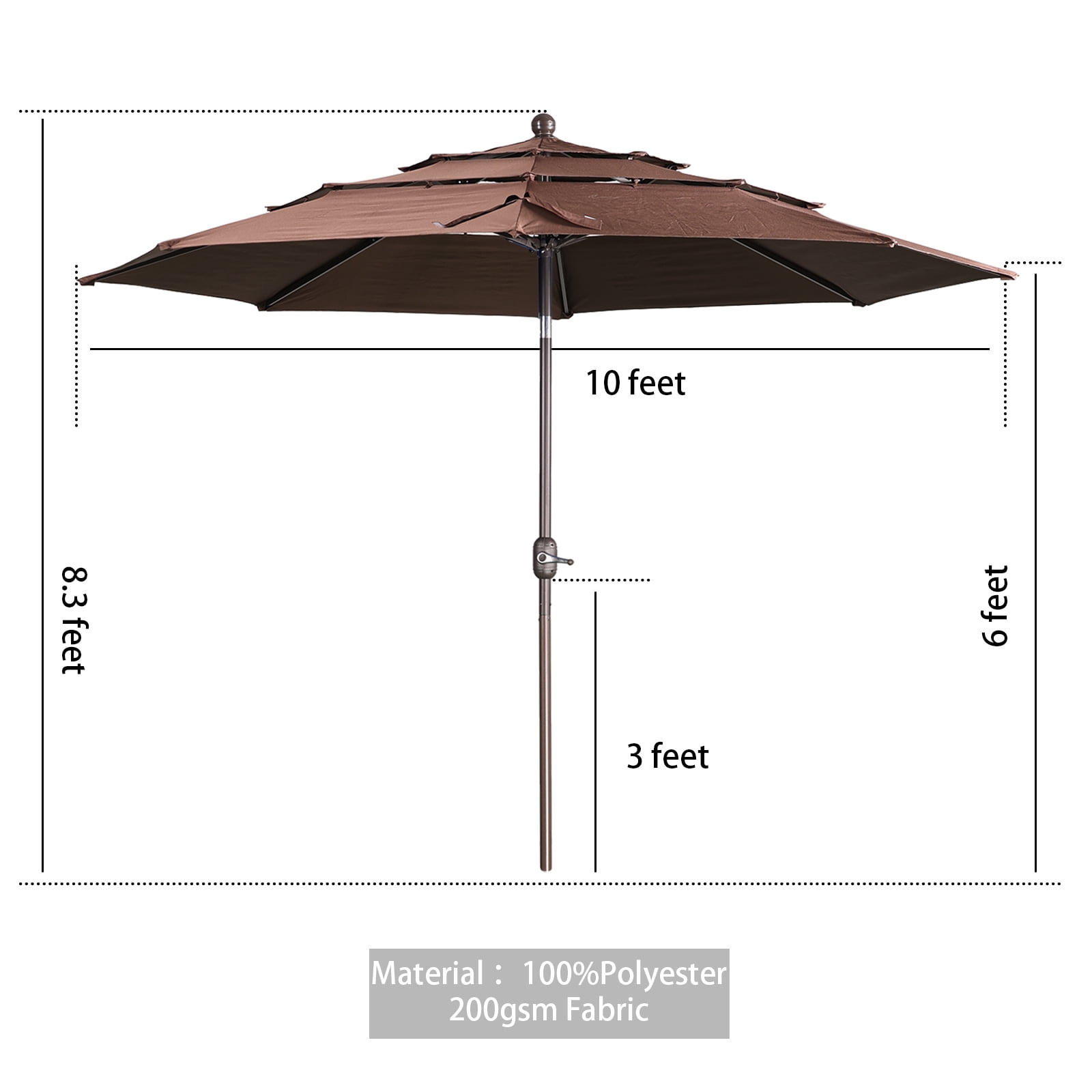 Aoodor 10ft 3-Tier Patio Umbrella, Outdoor Table Market Umbrella Tilt Adjustment and Crank - Coffee