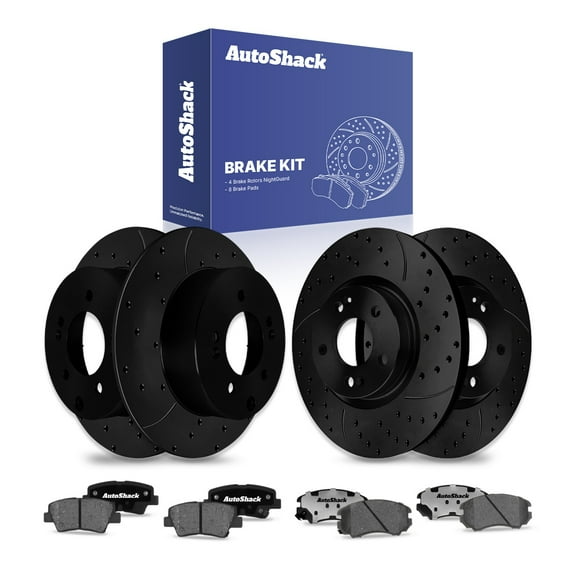 AutoShack Front Vented & Rear Solid Drilled & Slotted E-Coated Brake Rotors Black Finish   Ceramic Pads 12-PC Brake Kit Replacement for 2012-2013 Kia Soul NightGuard