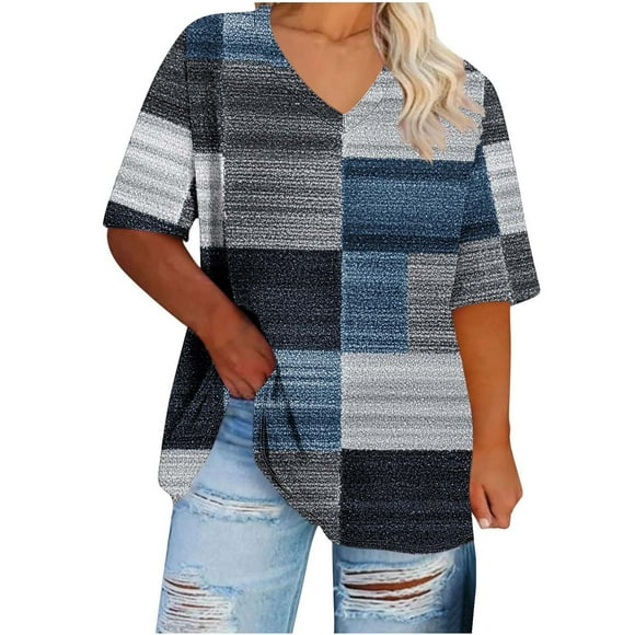yoeyez Cute Summer Tops for Ladies Plus Size Color Block Patchwork Print T Shirts Loose Short Sleeve V Neck Blouses Tshirts Women Workout Tees Navy,XL