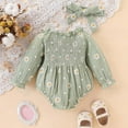 thumbnail image 4 of CAICJ98 Infant Baby Girl Bubble Romper Boho Clothes Long Sleeve Cotton Smocked Bodysuits for Baby Girl Fall Winter Outfit with Headband (Light Green,12-18 Months), 4 of 7
