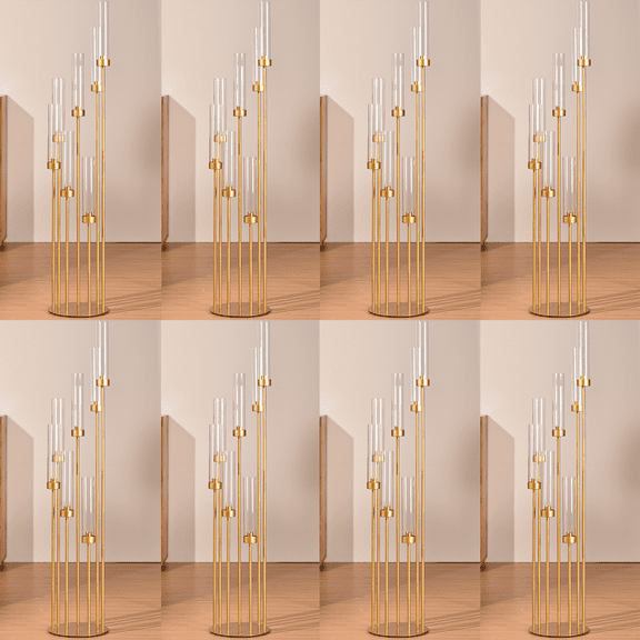 8Pcs Gold 48" Tall Metal Candlestick Holders，7 Arms Floor Candelabra Wedding Centerpieces，With Acrylic Removable Lampshade For Birthday Party Anniversary Graduate Ceremony, Home Decor