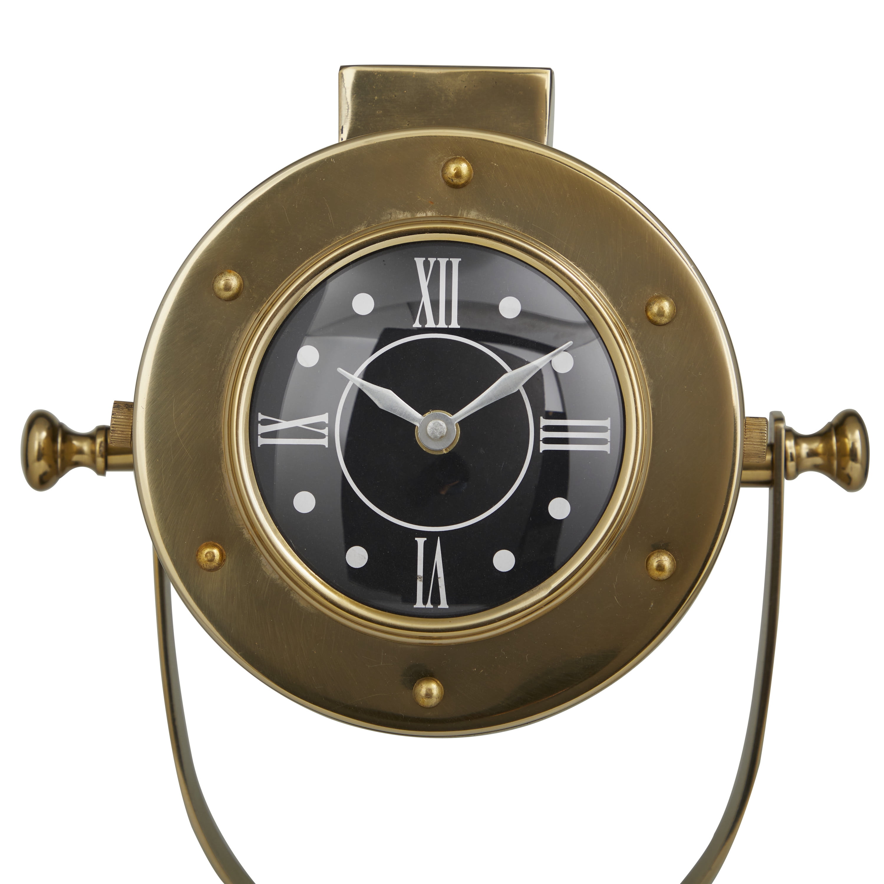 DecMode Stainless Steel Vintage Spotlight Design with Swivel Mechanism Table Clock 9"W x 14"H, Black Face and Base Finish with Brass Gold Frame