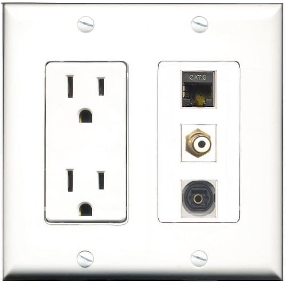 RiteAV - 15 Amp Power Outlet 1 Port RCA White 1 Port Shielded Cat6 Ethernet Ethernet 1 Port Toslink Decorative Wall Plate