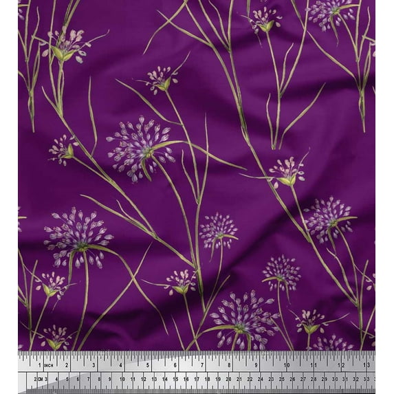 Soimoi Purple Rayon Crepe Fabric Grass & Wildflower Floral Print Fabric by the Yard 46 Inch Wide