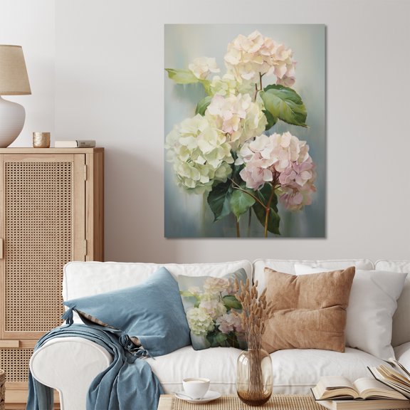 Designart "White Pink Hydrangea Blooms" Hydrangea Metal Art Living Room