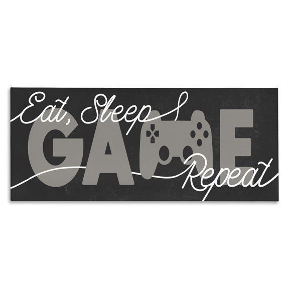 Stupell Industries Contemporary Eat Sleep Game Repeat Phrase Minimal Grey Controller Canvas Art, 40 x 17, by Lil' Rue