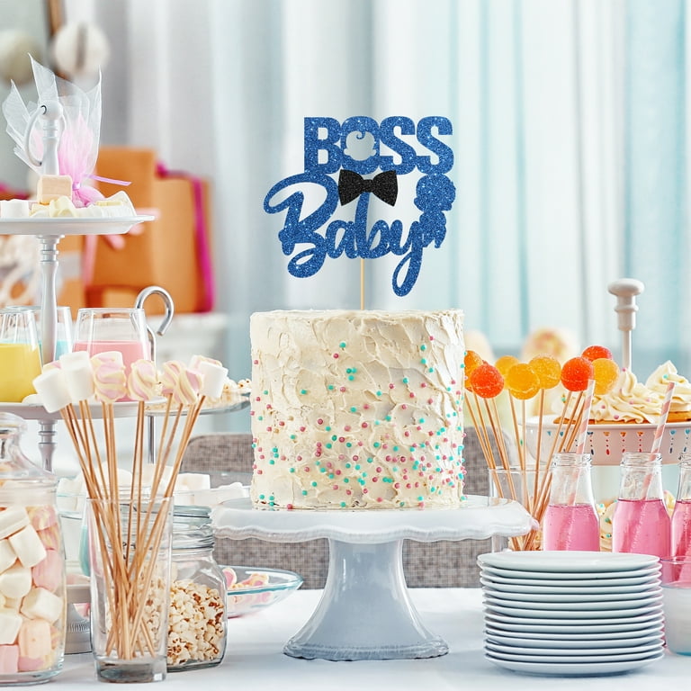 Boss Theme Birthday Cake Topper Set - Blue & Black Decor With Cupcake Toppers For Baby Showers & Gender Reveals