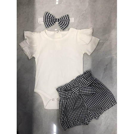 

Summer fashion girl clothing toddler baby girl short-sleeved rib knit top shirt + plaid printed shorts + headscarf