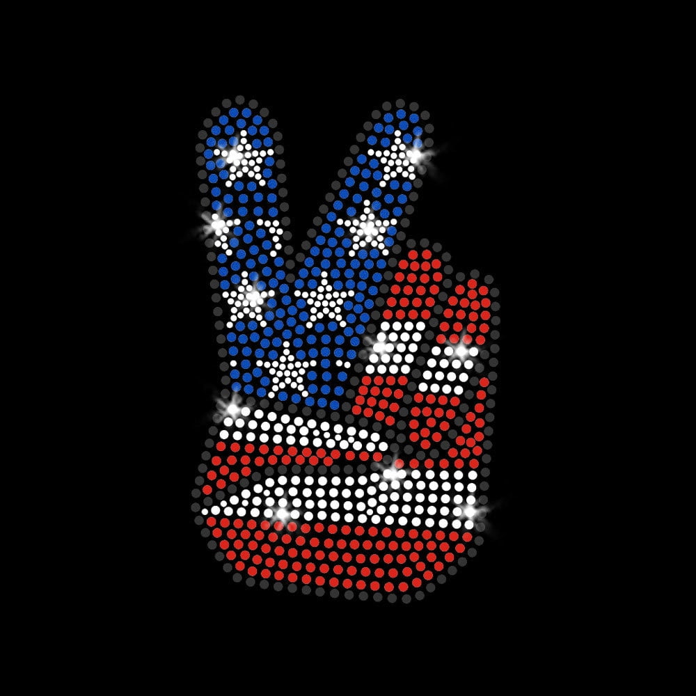 Patriotic Peace Hand American Flag Iron-on Clear Rhinestone and Rhinestud Transfer by JCS Rhinestones