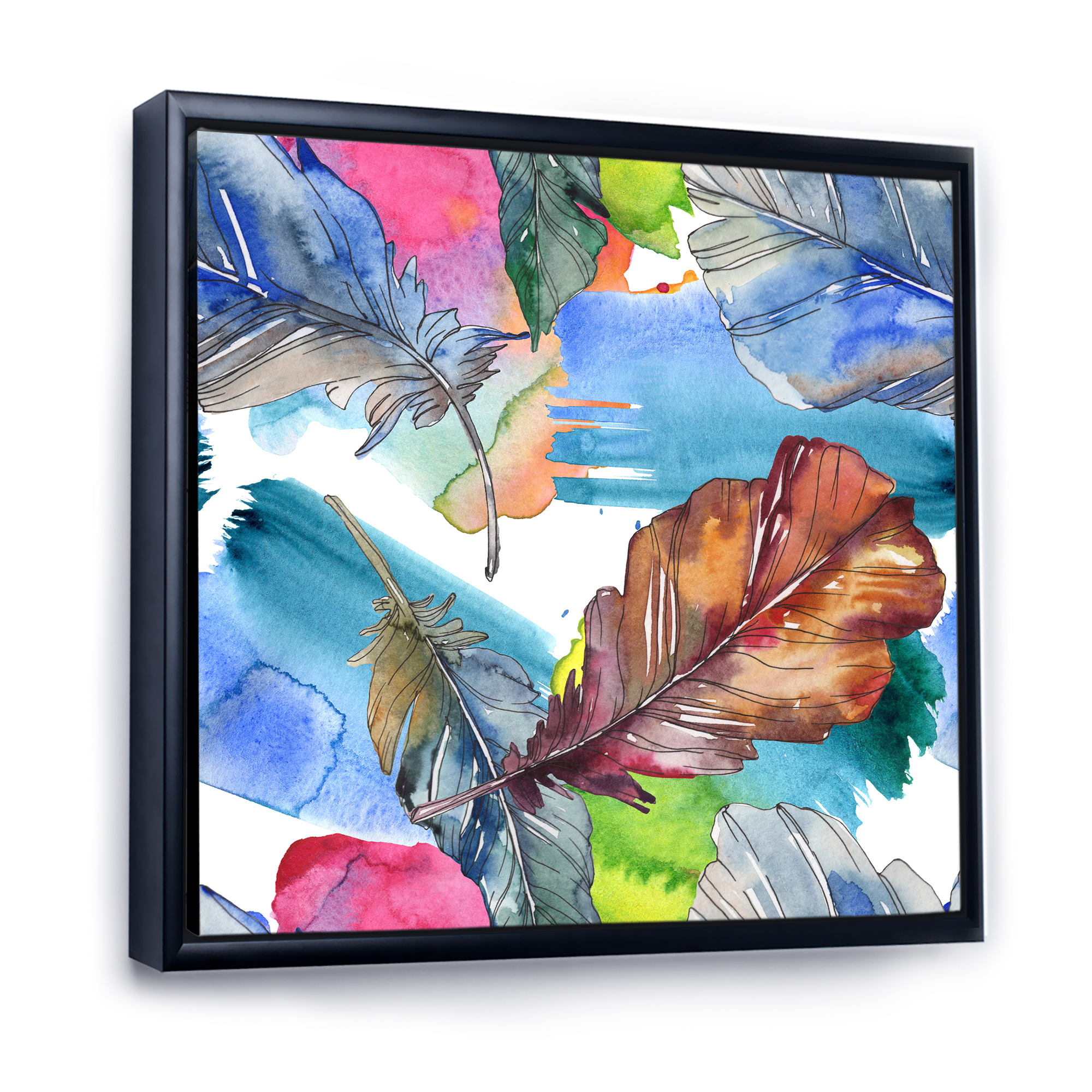 Bird Feather In Pink and Blue 30 in x 30 in Framed Painting Canvas Art Print, by Designart