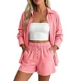 thumbnail image 4 of QIYAGBSA 2 Piece Outfits for Women Striped Button Down Long Sleeve Shirt and Drawstring Shorts Set Summer Matching Set (Pink, 2XL), 4 of 8