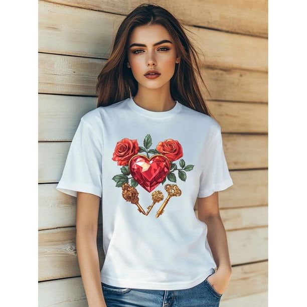 Women's Valentine's Day Love Retro Print T-Shirt Fashion Short Sleeve Round-Neck Slm Fit Tops Summer Casual Streetwear