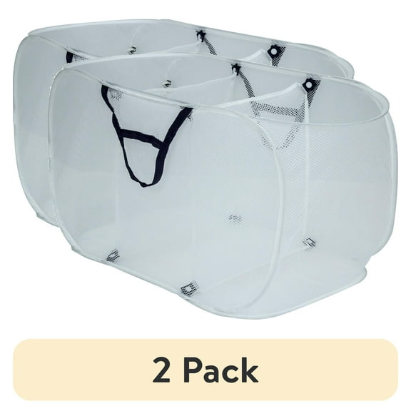 (2 pack) Mainstays Pop-Up Mesh Triple Sort Laundry Basket with Three Compartments, White, Adult, 16" x 16" x 28"