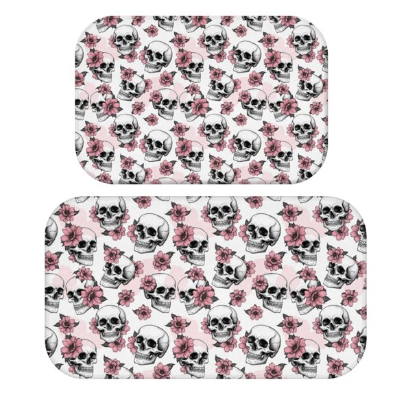 Skull and Flower Gothic Pattern Bath Mat Set Of 2,Non-Slip Rug for Bathroom,Kitchen,Bedroom,Entrance, 30x17 and 23.5x15.7 Inches