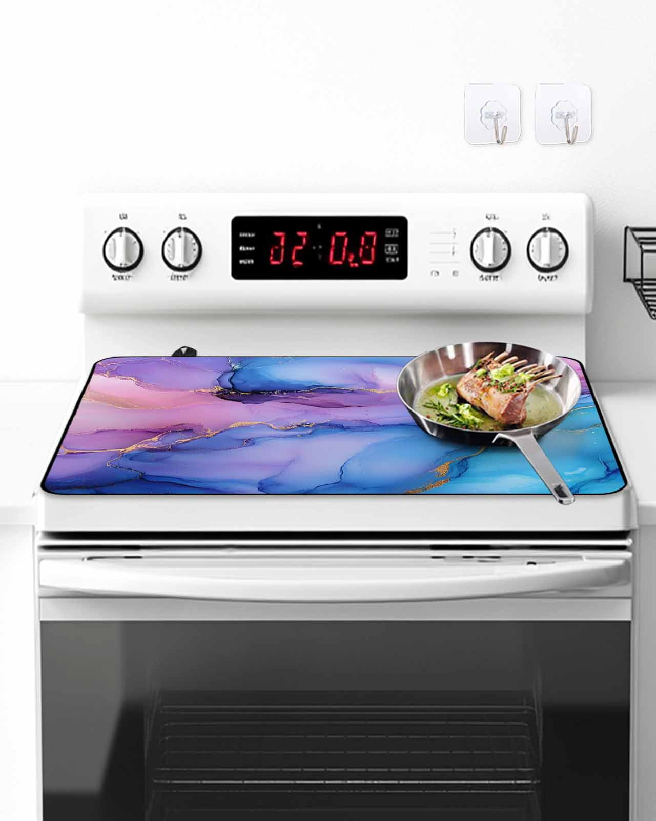 Stove Top Covers for Electric Stove, Blue Purple Ombre Glass Stovetop Cover Protector, Marble Modern Ink Painted Abstract Induction Cooktop Protector Oven Mat for Kitchen Countertop 24"x21"