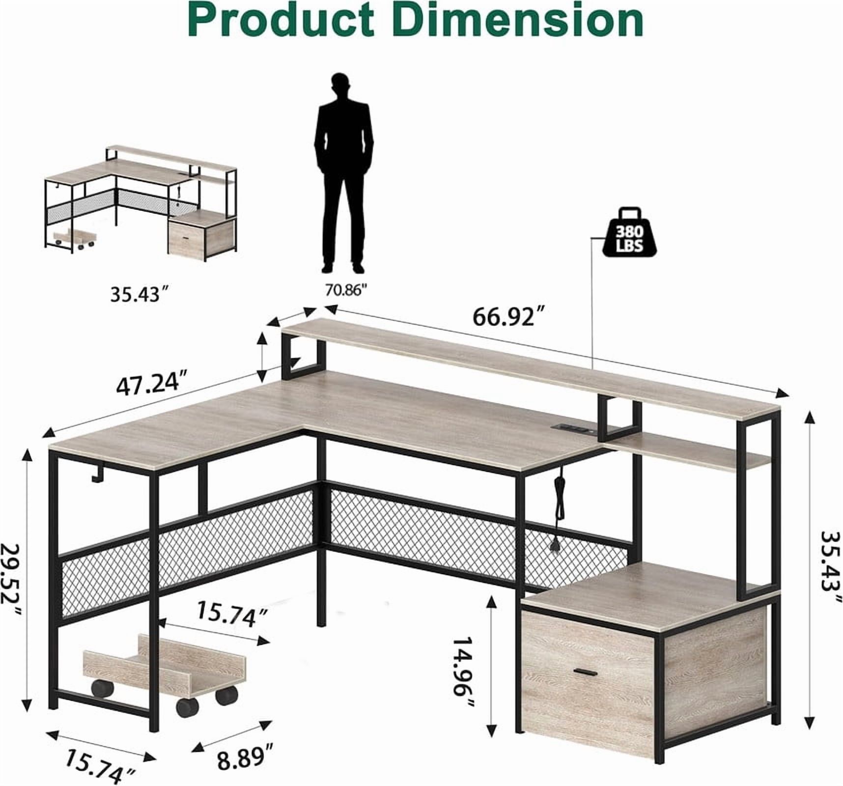 Someet L-Shaped Office Desk with Power Outlets and Lockers, Modern Simple Style 66" Computer Desk with Monitor Stand, Gray
