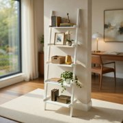 Resenkos Bookshelf,Shelf, Open Bookcase Book Shelf,Storage Shelf Unit Plant Stand, 5-Tier Wall-leaning Ladder Shelf Display Rack for Plants and Books-White