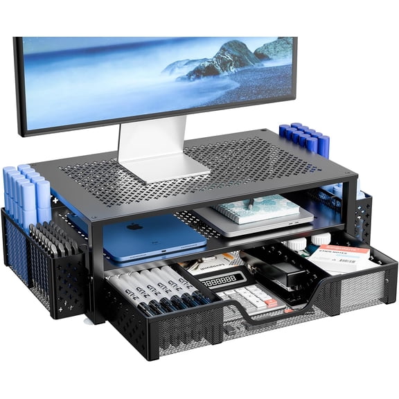 Monitor Stand with Drawer, 2-Tier Laptop Stand, Black
