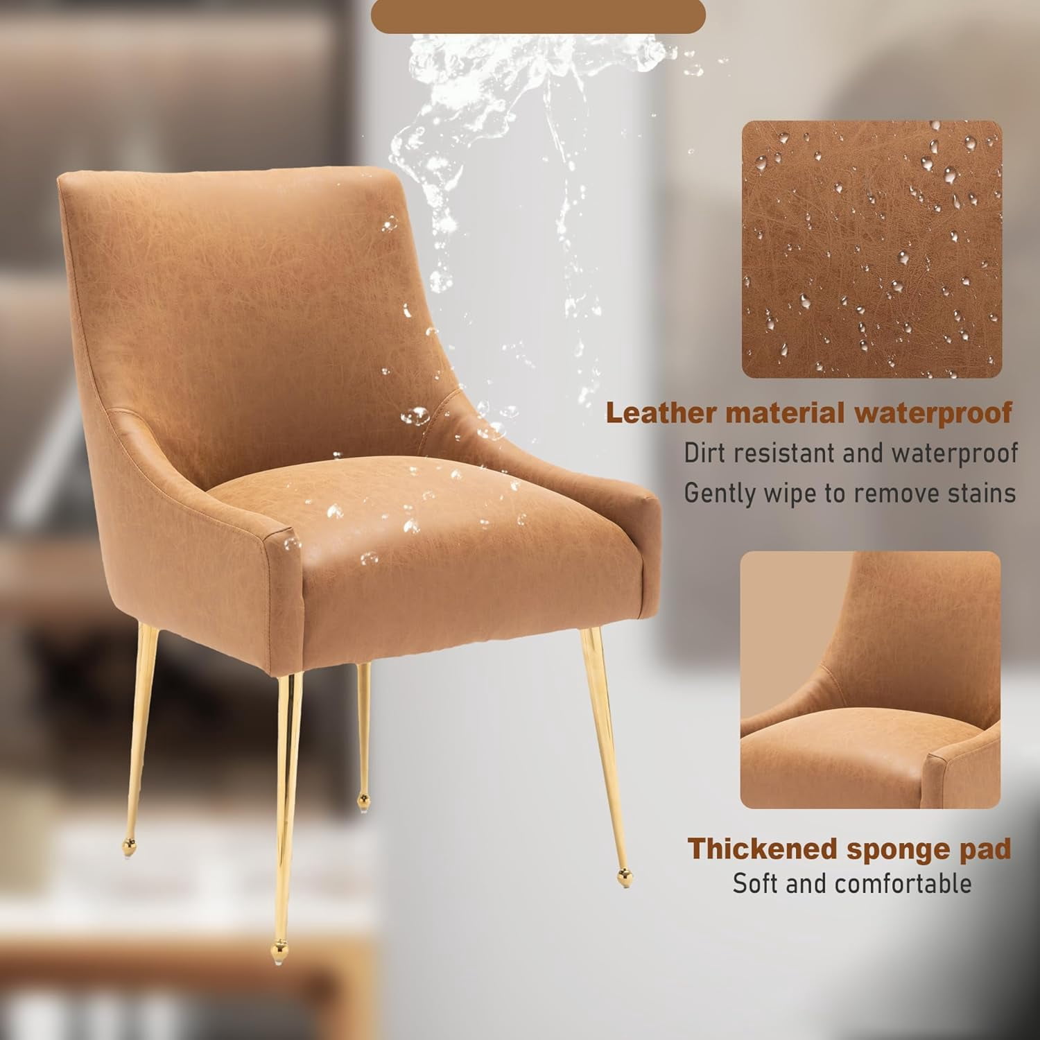 SEYNAR Modern Glam PU Leather Dining Chair or Vanity Chair Set of 2 with Rear Handle(Brown)