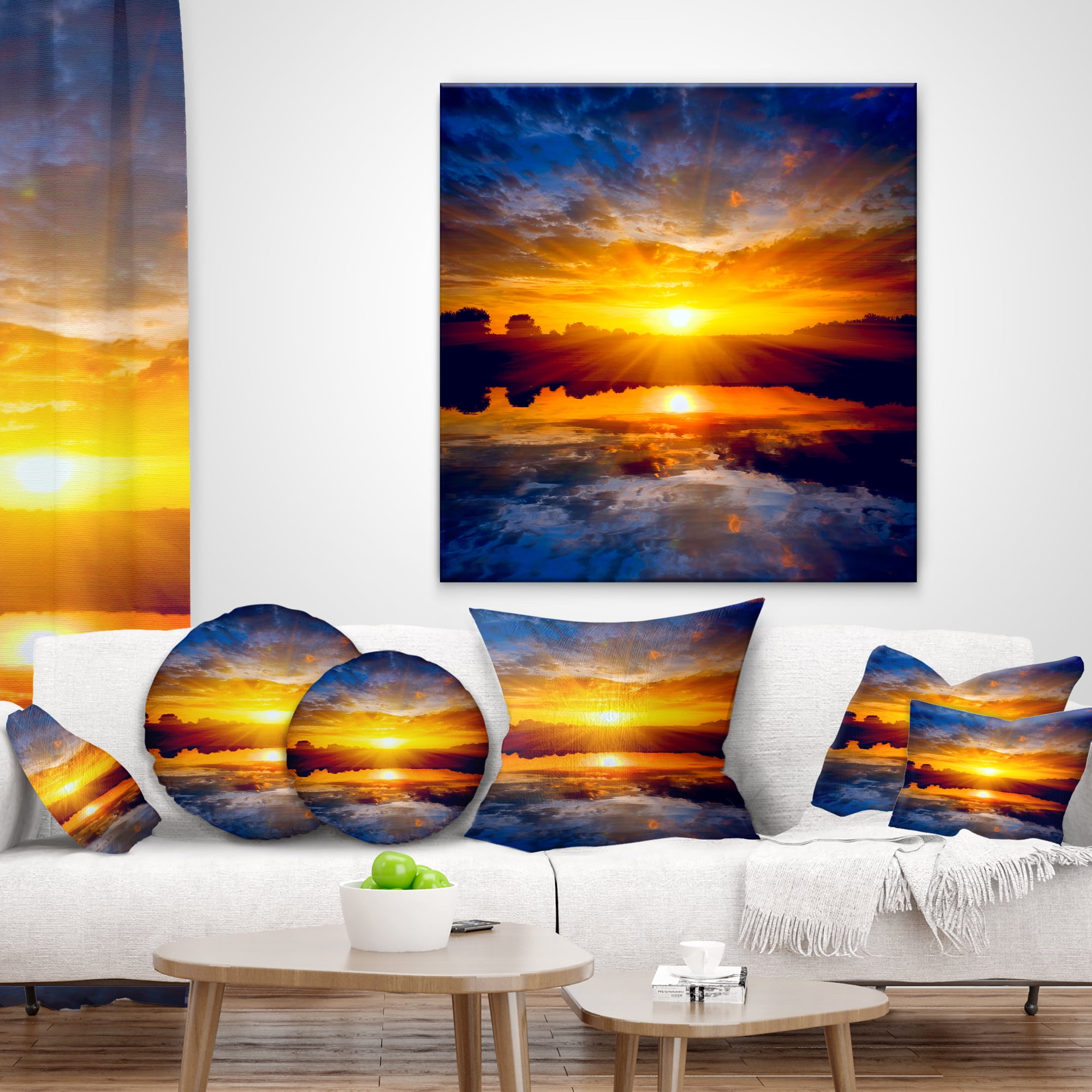 Designart Bright Yellow Sunset Over Lake - Seashore Throw Pillow - 12x20