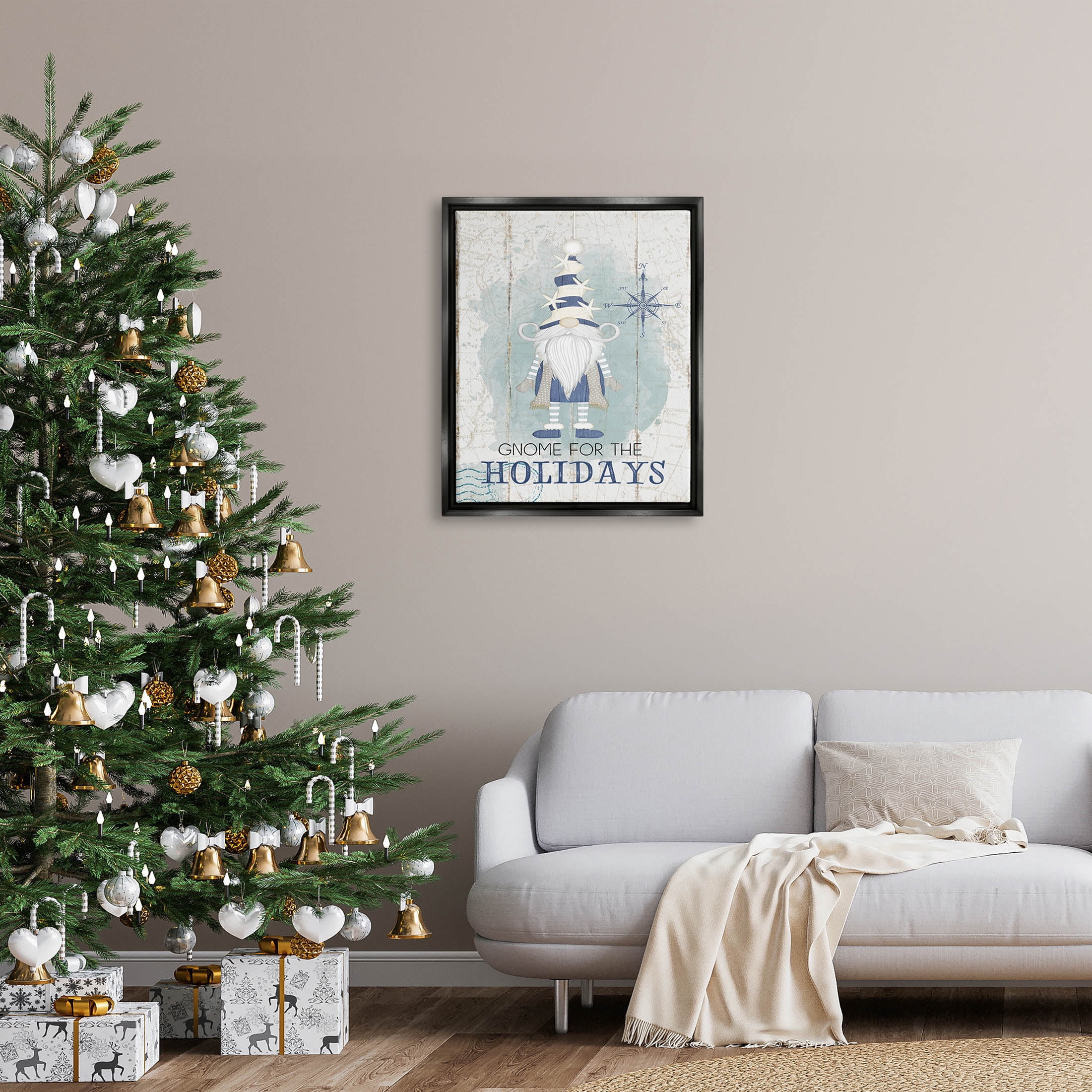 Stupell Industries Gnome For The Holidays Nautical Graphic Art Jet Black Floating Framed Canvas Print Wall Art, Design by Jennifer Pugh