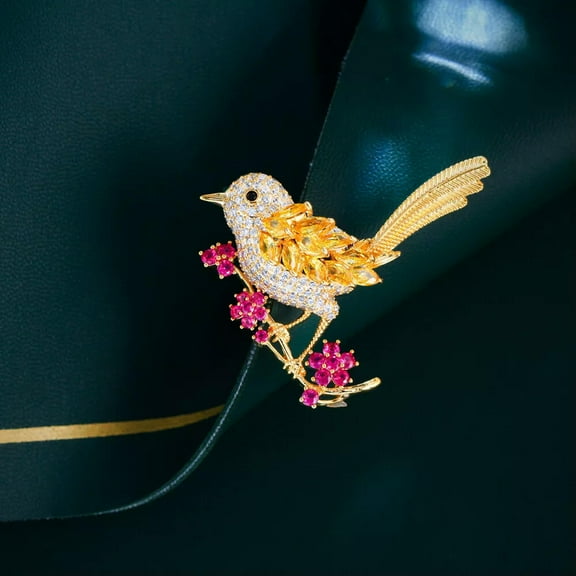 Exclusive CZ Red Flower Animal Bird Pin Brooch for Lady Engagement Costume Gift