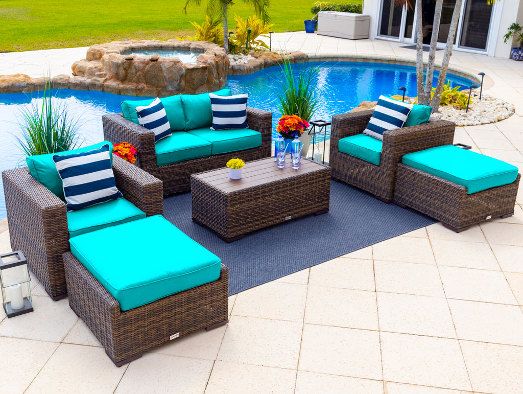 Tuscany 6-Piece M Resin Wicker Outdoor Patio Furniture Lounge Sofa Set with Loveseat, Two Armchairs, Two Ottomans, and Coffee Table (Half-Round Brown Wicker, Sunbrella Canvas Aruba) - image 1 of 4