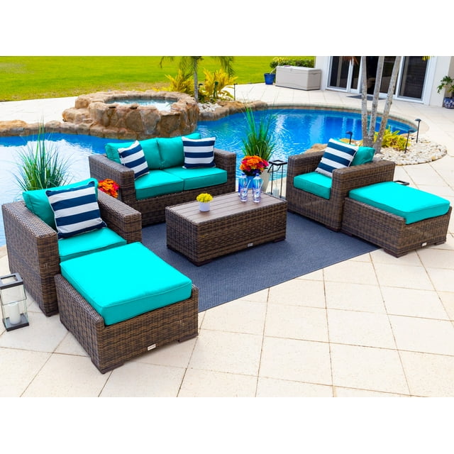 Tuscany 6-Piece M Resin Wicker Outdoor Patio Furniture Lounge Sofa Set with Loveseat, Two Armchairs, Two Ottomans, and Coffee Table (Half-Round Brown Wicker, Sunbrella Canvas Aruba)