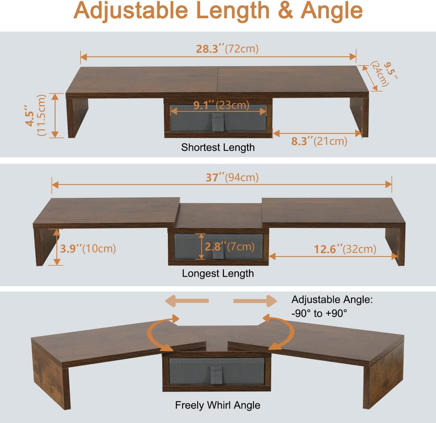 3 Shelf Monitor Stand Riser With Drawer - Length and Angle Adjustable Dual Riser With Storage Corner Desk Shelf Organizer Large Computer Stand for 2 Monitors/Laptop (Brown, 1 Drawer)