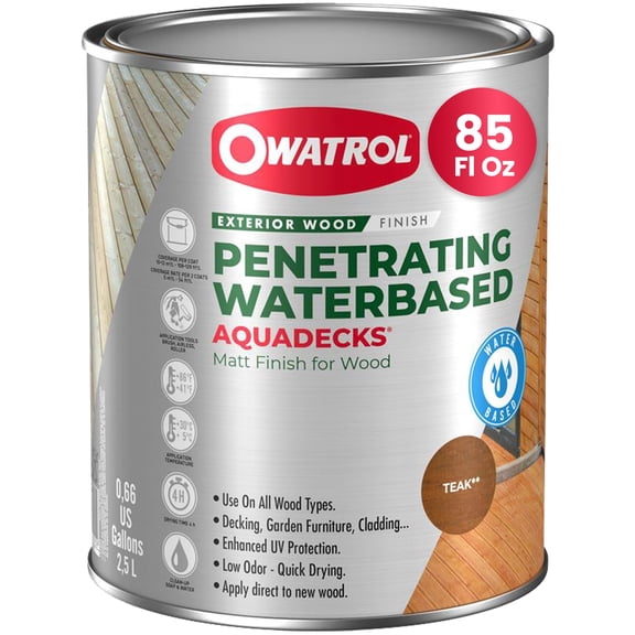 Owatrol Aquadecks Wood Stain and Sealer 85 Oz Teak - Deck Stain and Sealer Waterproof, Outdoor & Exterior Wood Stain and Sealer in One Water-Based Penetrating Matte Finish