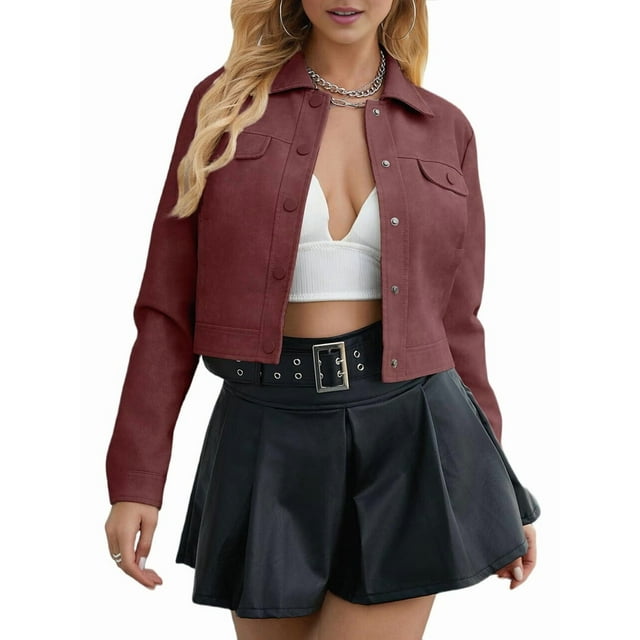 Veste Courte en Similicuir pour Femme, Col Rabattu, Poche à Rabat, Boutons-Pression, Coupe Rétro, Rouge Vin, TG