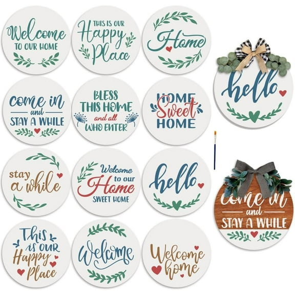 12pcs Welcome Stencils for Painting on Wood - Happy Place Hello Home Round Stencils 12inch Welcome Letters - Wood Sign with Paint Brush for Front Door Hanger Home Decor Colorful