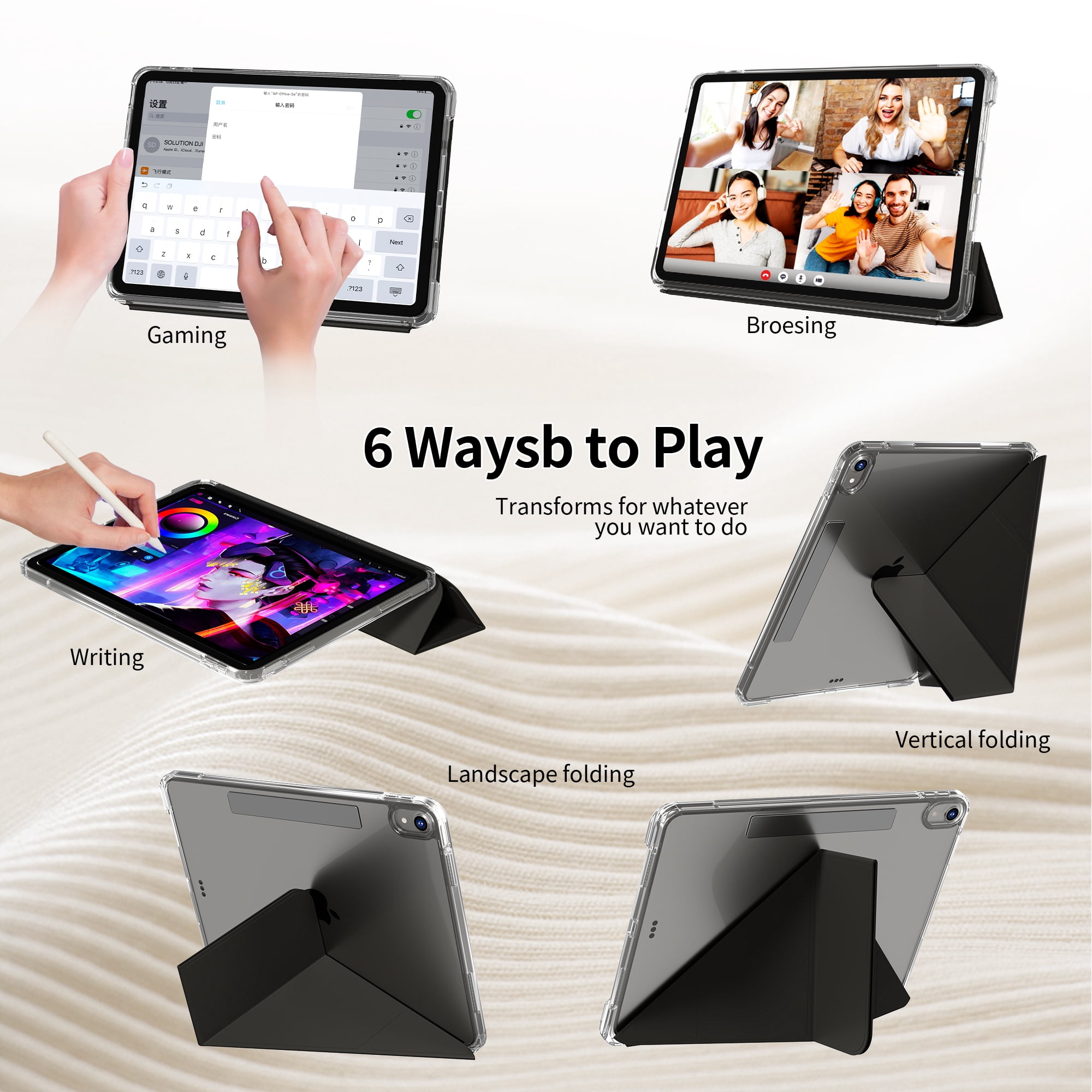 KVTVOU Case for iPad A16 11th Gen 11-inch 2025/10th Generation 10.9" 2022 with Pencil Holder, Detachable 2 in 1 Sliding Removable Cover, Transparent PC Back&TPU Shockproof, Slim Trifold,Black