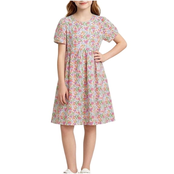 Kids Cotton Puff Sleeve Floral Princess Dress, Short Sleeve Summer Girls Casual Daily Outfit Dresses for Little Girls 5-15 Years Multicolor D 9-10 Years